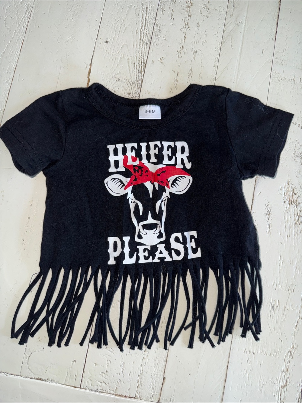 3/6m Black "Heifer Please" Fringe Kids Tee with Red Accent